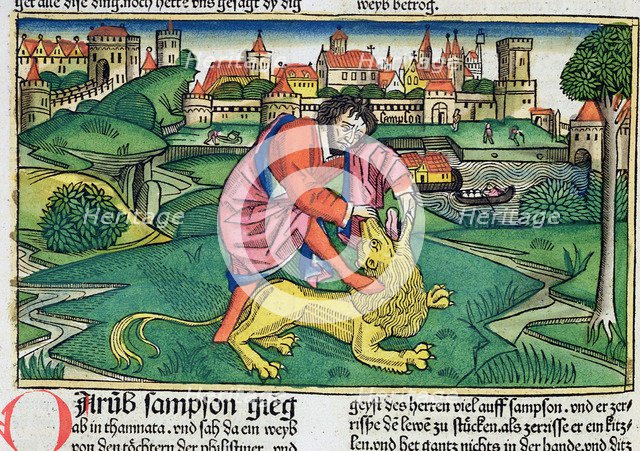 Judges 14:5-9: Samson slaying the lion. Artist: Unknown
