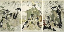 Parody of Minamoto no Yoritomo releasing cranes at Yuigahama, Japan, c. 1805. Creator: Kitagawa Utamaro.