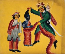 Two Europeans undress an Indian deity, c1890. Creator: Unknown.