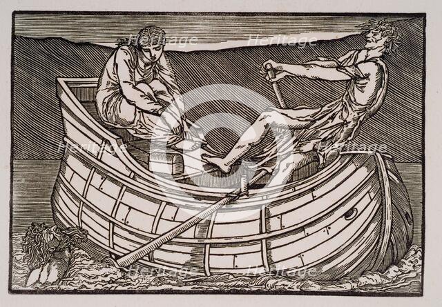Cupid and Psyche - The dead Man rising from the Water as Psyche is ferried across the Styx, 1880. Creator: Sir Edward Coley Burne-Jones.
