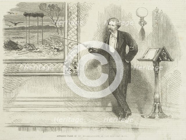 Artemus Ward in his entertainment at the Egyptian Hall, 1866. Creator: Unknown.