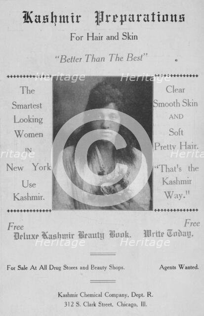 Kashmir preparations for hair and skin; Kashmir Chemical Company, Dept. R.; 312 S..., 1918-1922. Creator: Unknown.