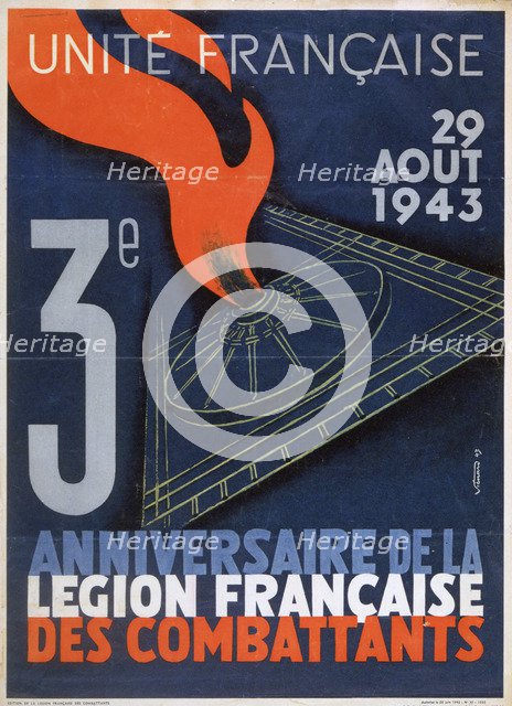 Poster for the 3rd anniversary of the foundation of the Legion Francaise des Combattants, 1943. Artist: Unknown