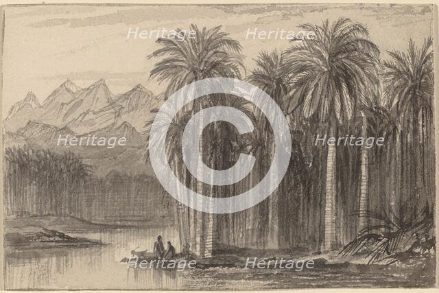 Figures Setting Out in Canoes from a Palm Grove (Wady Feiran), 1884/1885. Creator: Edward Lear.