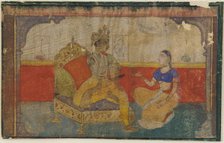 The lover (Krsna) in conversation with the messenger from the beloved, from a Rasikapriya, ca. 1617. Creator: Unknown.