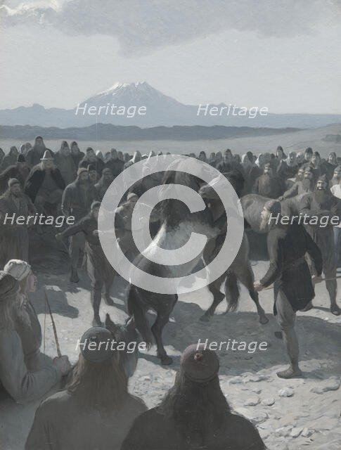 The Horse-Fight at Hlidarendi. Illustration for Njal’s Saga, ch. 59. Creator: Johan August Malmström.