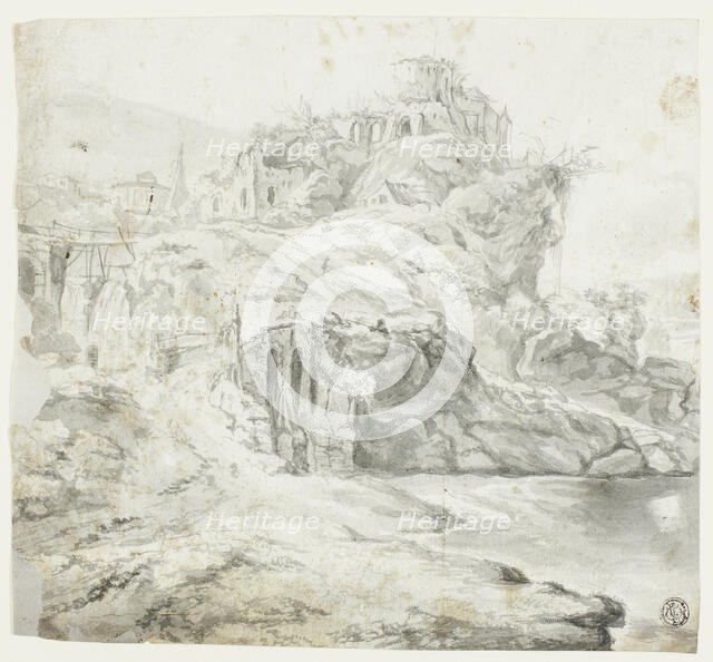 Rocky Promontory with Ruins and Cascades (recto); Sketch of Cliff with Buildings (verso), n.d. Creator: G E Petit.