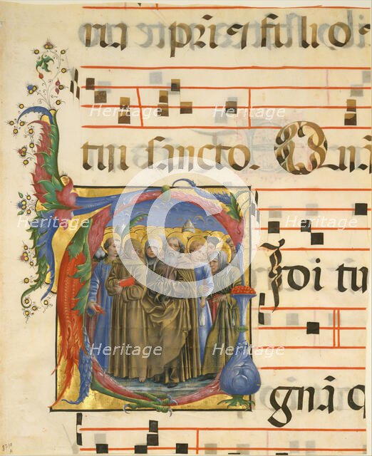 Manuscript Illumination with All Saints in an Initial V, from an Antiphonary, Italian, 1450-60. Creator: Unknown.