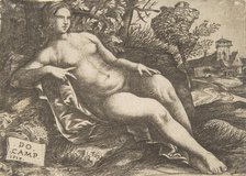 Nude woman (Venus) reclining in a landscape, 1517. Creator: Domenico Campagnola.