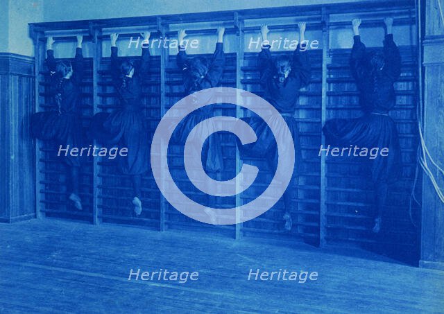 Girls in bloomers on climbing apparatus, Western High School, Washington, D.C., (1899?). Creator: Frances Benjamin Johnston.