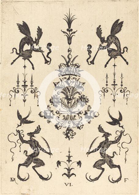 Brooch with Winged Fauns Blowing Trumpets at Top and Fantasy Creatures with Birds..., 1596. Creator: Daniel Mignot.