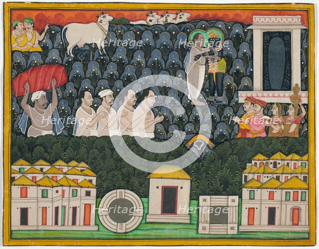 Pratham Milan, Shrinathji revealing himself to Vallabhacharya on Mount..., Early 19th century. Creator: Unknown.