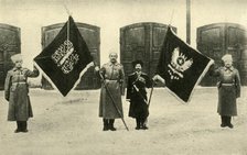 Russian soldiers with captured Turkish flags, First World War, 1915-1916, (c1920). Creator: Unknown.