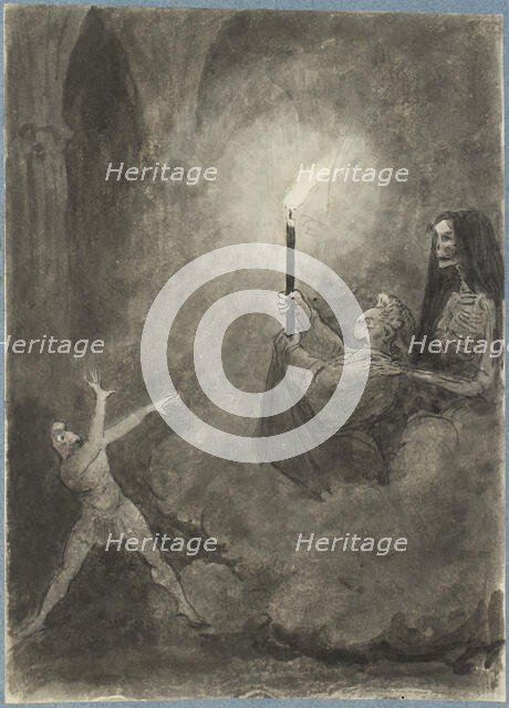 A skeleton and two figures in a Gothic building, c1750s. Creator: George Dance.