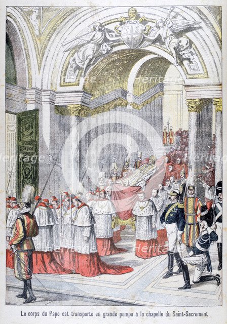 The body of Pope Leo XIII transported to the Chapel of the Saint-Sacrement, Vatican, 1903. Artist: Unknown