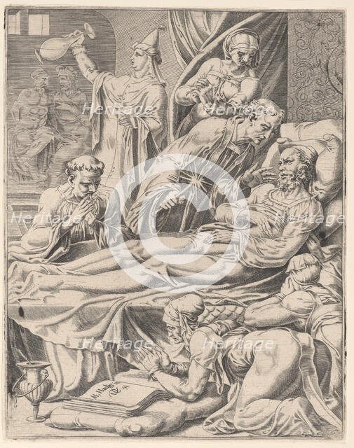 The Rich Man on His Deathbed, from The Parable of Lazarus and the Rich Man, plate 2, 1551. Creator: Dirck Volkertsen Coornhert.