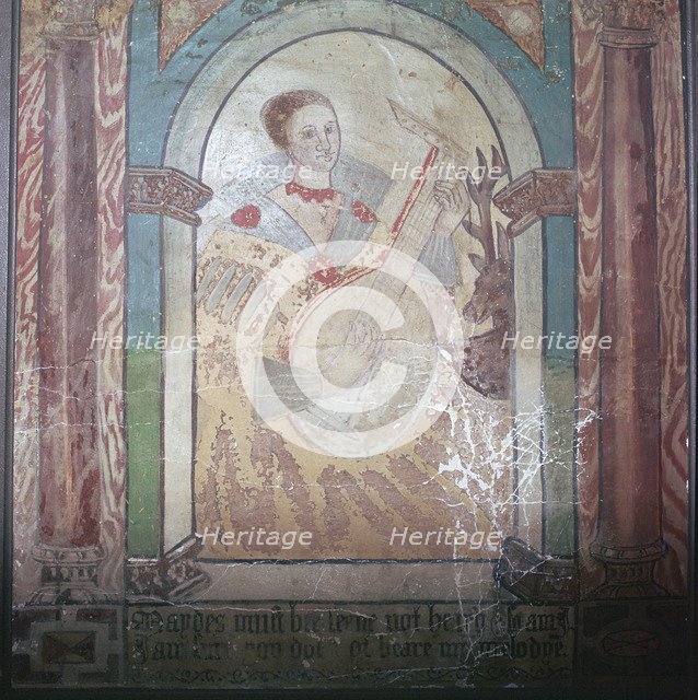 English wall painting of a lady with a lute, 17th century. Artist: Unknown