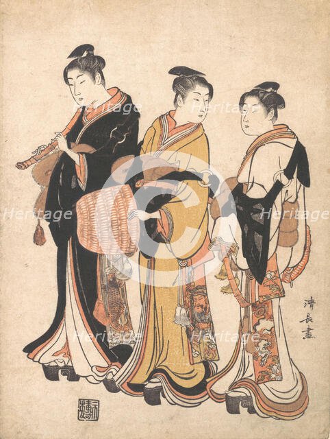 Three Young Women Masquerading as Komuso (Strolling Minstrel), ca. 1778. Creator: Torii Kiyonaga.
