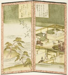 Palace interior and beach, from an untitled hexaptych depicting a pair of folding screens, c. 1825. Creator: Shinsai.