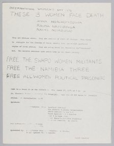 Flyer about the Namibia Three and International Women's Day 1976, 1976. Creator: Unknown.