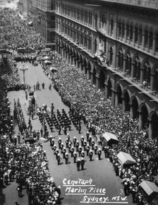 Parade at the Cenotaph, Martin Place, Sydney, New South Wales, 1945 or 1946. Artist: Unknown
