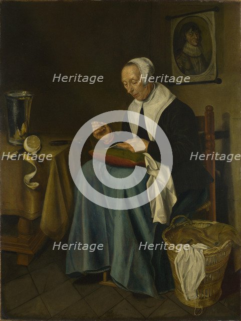 An Old Woman seated sewing, 1655. Artist: Aeck, Johannes van der (1637-1682)