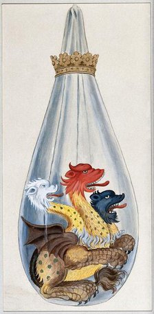 A three headed monster in an alchemical flask, representing the composition of the..., 1900-1909. Creator: Edith Annie Ibbs.