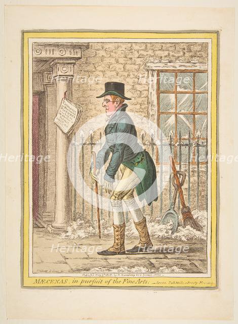 Maecenas, in pursuit of the Fine Arts.-Scene, Pall Mall; a Frosty Morning, May 9, 1808. Creator: James Gillray.