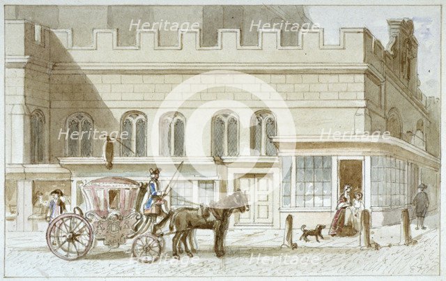 Shop fronts by St Dunstan-in-the-West, Fleet Street, City of London, 1820. Artist: James Findlay