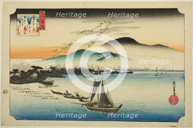 Descending Geese at Katada (Katada rakugan), from the series "Eight Views of Omi...", c. 1834. Creator: Ando Hiroshige.