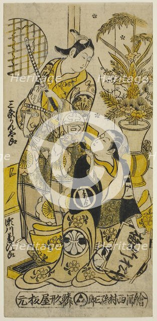 The Actors Segawa Kikujiro I as Oshichi and Sanjo Kantaro II as Kichisaburo in the play "S..., 1732. Creator: Nishimura Shigenobu.