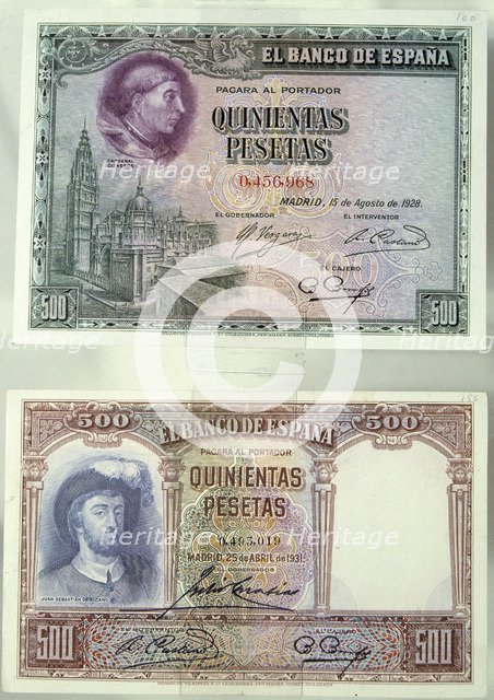 Paper money of 500 pesetas, of legal tender when beginning the Spanish Civil War, issued in 1928 …