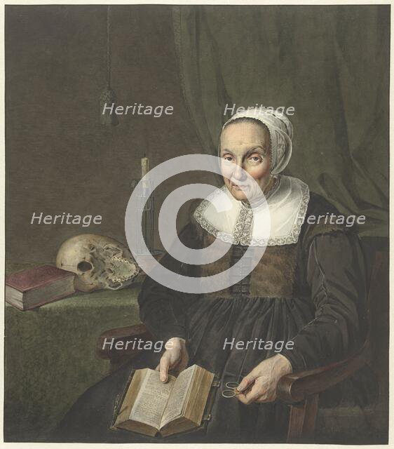Portrait of a sitting old woman with opened book, 1780-1834. Creator: Jean Pierre de Frey.