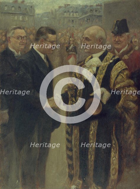 Sir George Broadbridge, Lord-Mayor of London, shaking hands with..., 1937. Creator: Noel Dorville.