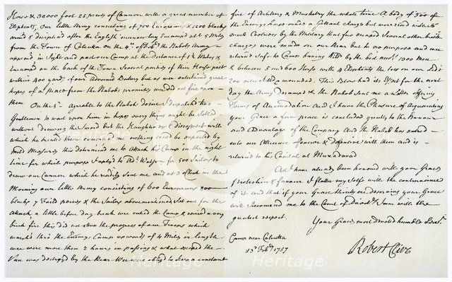 Letter from Robert Clive to Thomas Pelham-Holles, 23rd February 1757.Artist: Robert Clive
