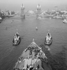 HMS 'Belfast' and Tower Bridge, London, 1971. Artist: Eric de Maré.