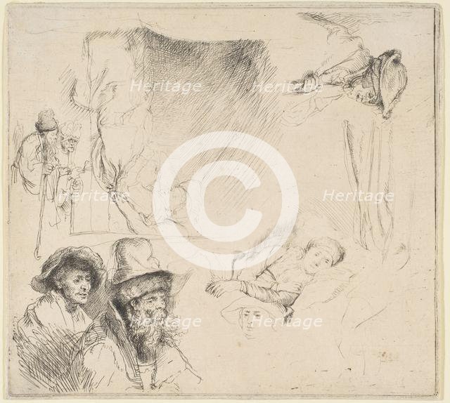 Sheet of Studies with a Woman Lying Ill in Bed, etc., ca. 1641/42. Creator: Rembrandt Harmensz van Rijn.