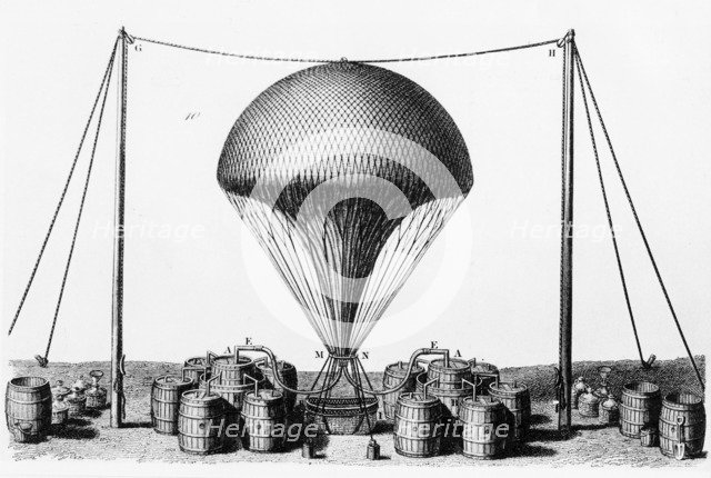 Inflating a hydrogen balloon, 1845. Artist: Unknown