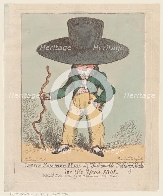 Light Summer Hat and Fashionable Walking Sticks for the Year 1801, July 10, 1801., July 10, 1801. Creator: Thomas Rowlandson.