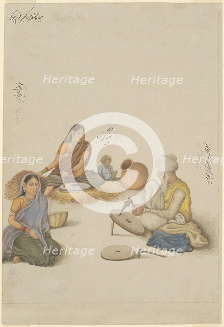 Villagers Grinding Corn, page from the Fraser Album, Company School, c. 1820. Creator: Unknown.