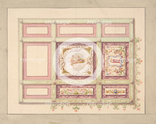 Design for a ceiling with allegorical panels, second half 19th century. Creators: Jules-Edmond-Charles Lachaise, Eugène-Pierre Gourdet.