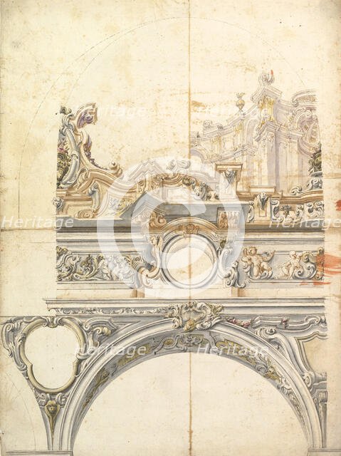 Two Alternate Designs for a Balustrade with Architectural Perspective., 1700-1780. Creator: Anon.