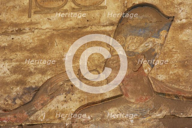 Pharaoh wearing the Blue Crown receiving the Ankh..., Temple of Seti I, Egypt, New Kingdom (2003). Creator: LTL.