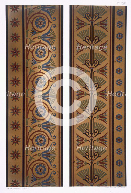 Vertical bands or borders in dark colours on gold ground, pub. 1892. Creator: George Ashdown Audsley (1838-1925).