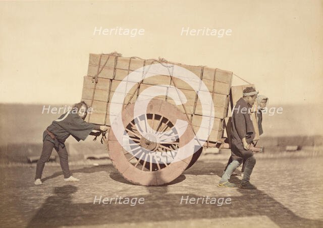 Men pushing a Wagon, about 1868. Creator: Felice Beato.