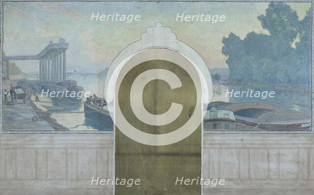 Esquisse pour la salle de mariages de la mairie d'Asnières : Paysage. Péniches sur la..., c.1900. Creator: Henri Marius-Camille Bouvet.