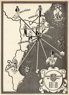 Broadcasting map of Radio Associació of Catalonia in the range of Catalan countries, 1934.