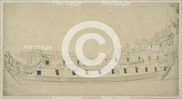 British double-decked warship, harbor view. Creator: Willem van de Velde the Younger.