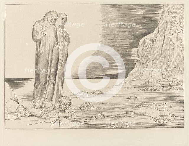 The Circle of the Traitors; Dante's Foot Striking Bocca degli Abbate, 1827. Creator: William Blake.