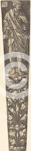 Dagger Sheath with Gentleman Holding a Parrot. Creator: Heinrich Aldegrever.